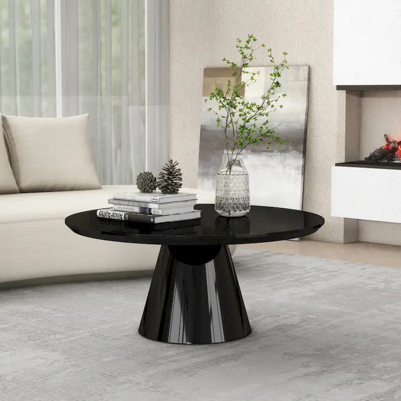 Moderner kegelförmiger Couchtisch fürs Wohnzimmer, Hochglanz-Finish, 35,4 Zoll Durchmesser, Schwarz oder Weiß