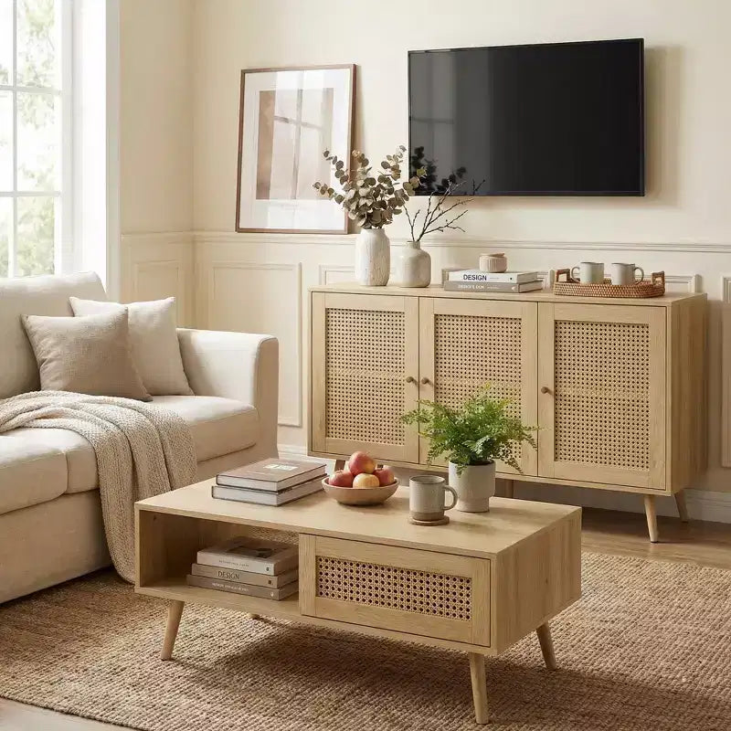 Braunes 2-teiliges Wohnzimmer-Set im Rattan-Stil (TV-Board + Couchtisch), 1 Sitzplatz