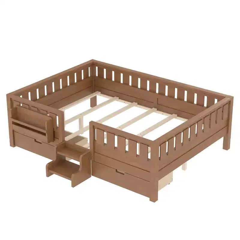 Bellemave Queen-Size-Kleinkindbett mit 14 Sicherheitsgeländern, platzsparender Bettrahmen mit integrierten Bücherregalen & 2 Schubladen unter dem Bett