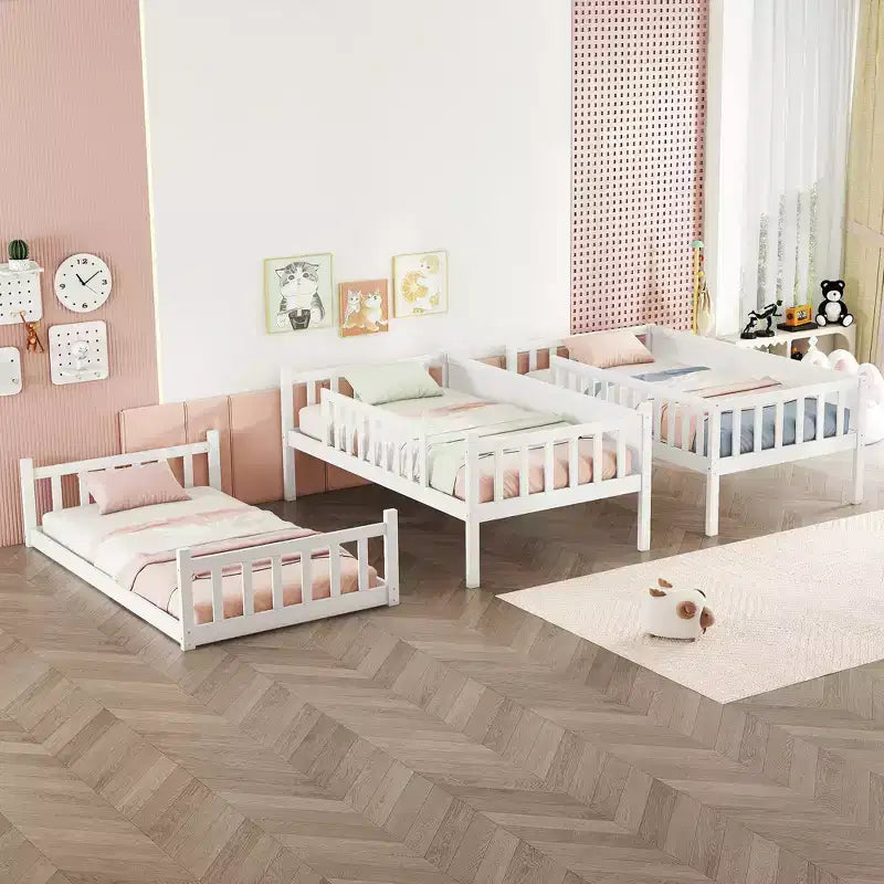 Dreistöckiges Etagenbett für Kinder, abnehmbares Etagenbett mit drei Einzelbetten, Leiter und Absturzsicherung, in 3 separate Betten zerlegbar