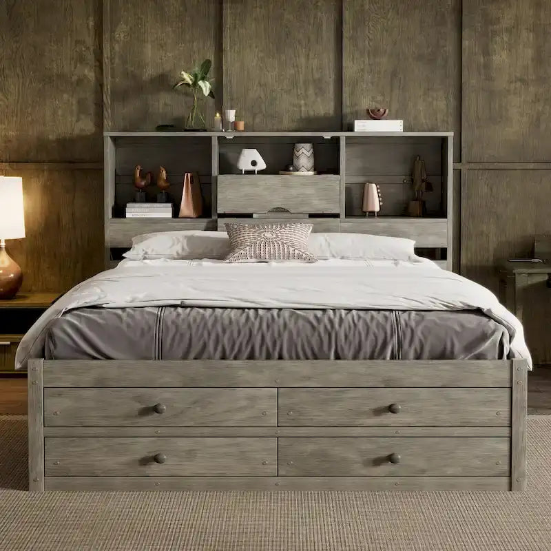 Graues modernes Queen-Size-Holzbett mit Stauraum-Kopfteil und 8 Schubladen