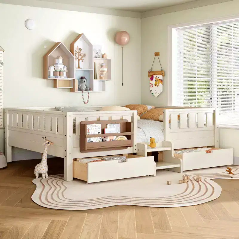 Bellemave Queen-Size-Kleinkindbett mit 14 Sicherheitsgeländern, platzsparender Bettrahmen mit integrierten Bücherregalen & 2 Schubladen unter dem Bett