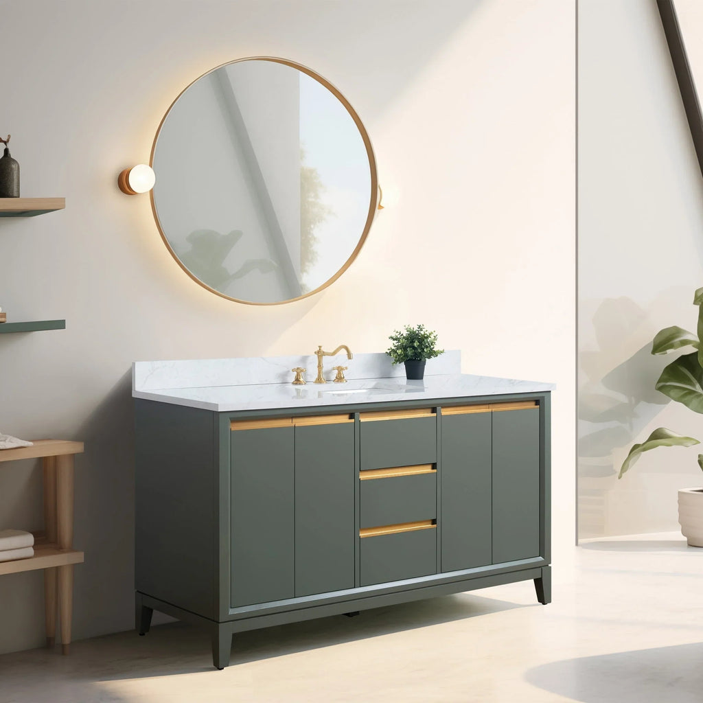 Vanity Art Badezimmerschrank mit Keramikwaschbecken und Platte aus technischem Marmor