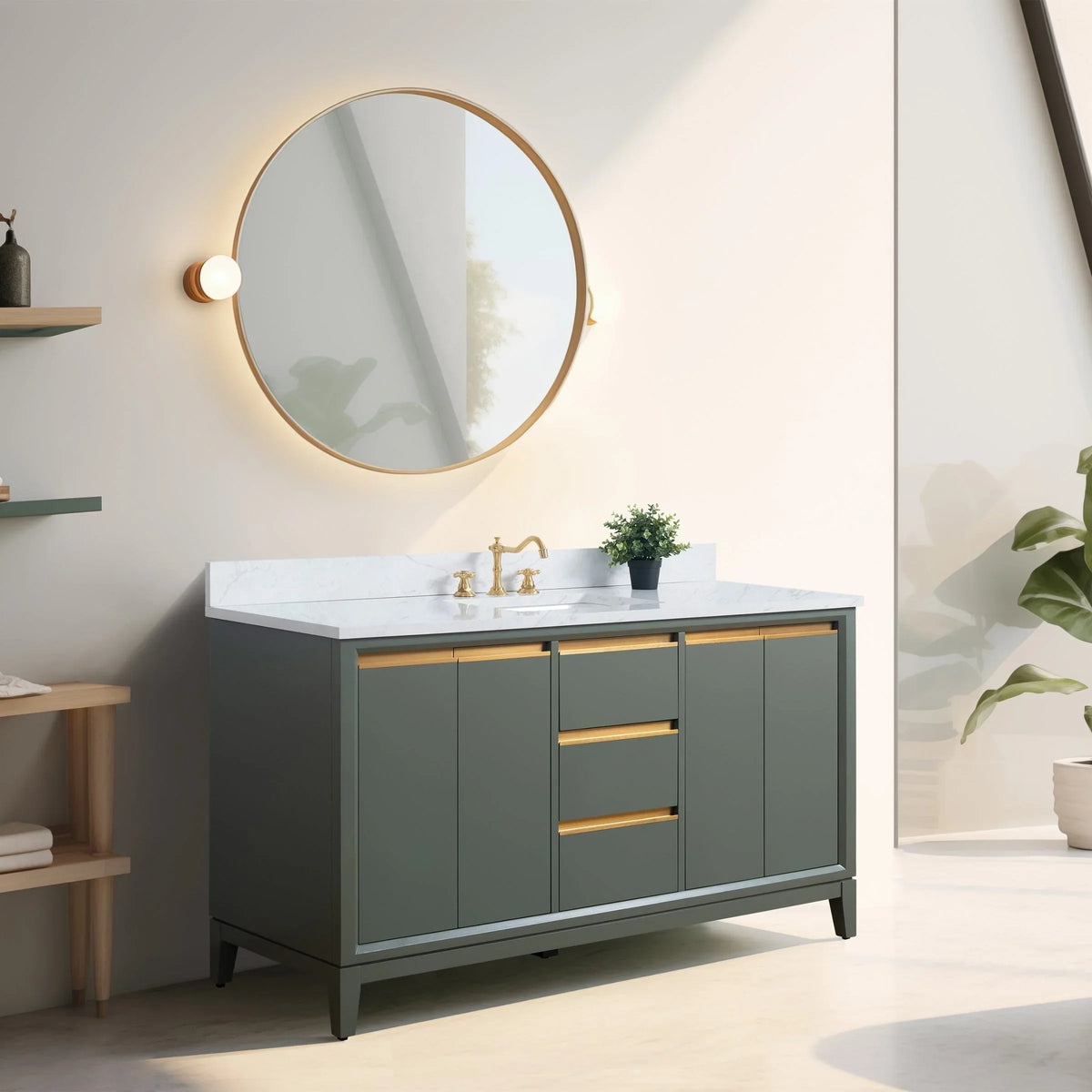 Vanity Art Badezimmerschrank mit Keramikwaschbecken und Platte aus technischem Marmor