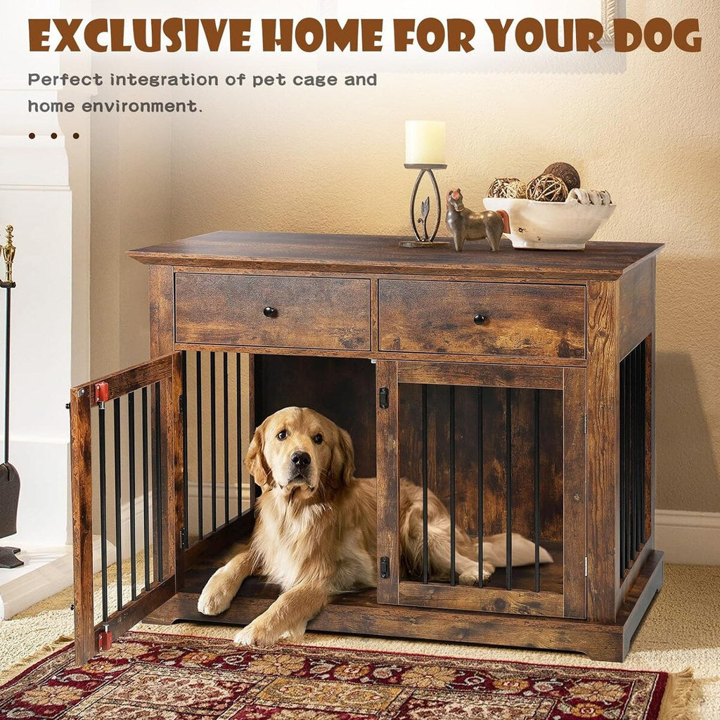 BOSSIN Hundekäfig-Möbel für große Hunde, 112 cm, Hundehütte aus Holz als Beistelltisch mit Schubladen, dekorative Hundeboxen- und Hundehütten-Optik