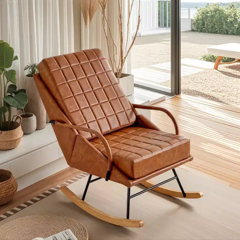 VECELO Polster-Schaukelstuhl aus Kunstleder/Teddy-Stoff, moderner Lounge-Schaukelsessel mit verstellbarer Rückenlehne, gepolsterter Sitzfläche und sicherem Gestell aus Massivholz, Weiß/Braun