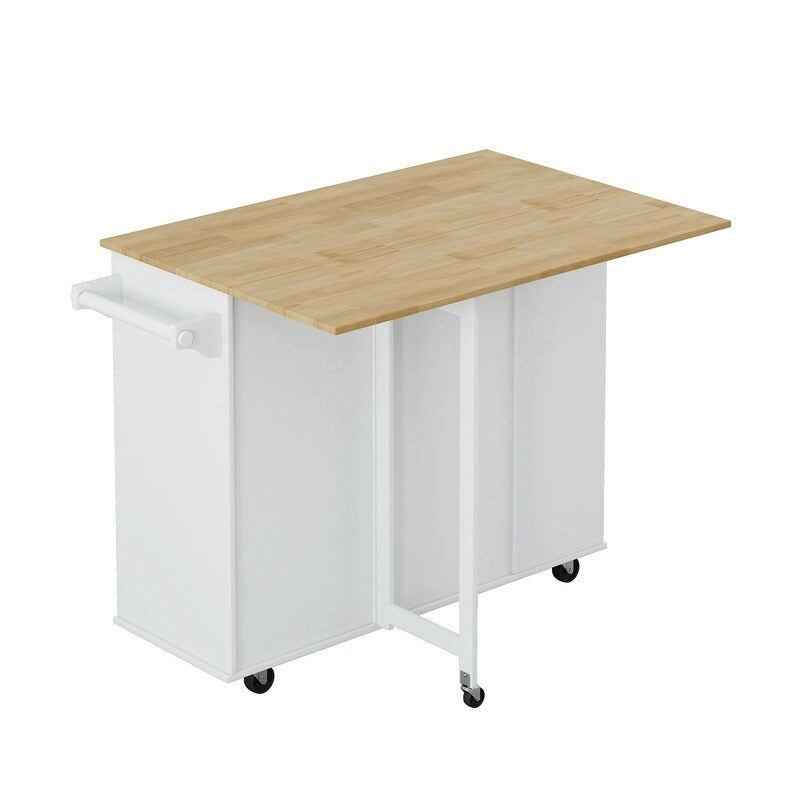Grondin Multifunktionale Kücheninsel-Servierwagen mit klappbarer Arbeitsplatte aus Massivholz, 2 Türen, 2 Schubladen, Weinregal und Gewürzregal