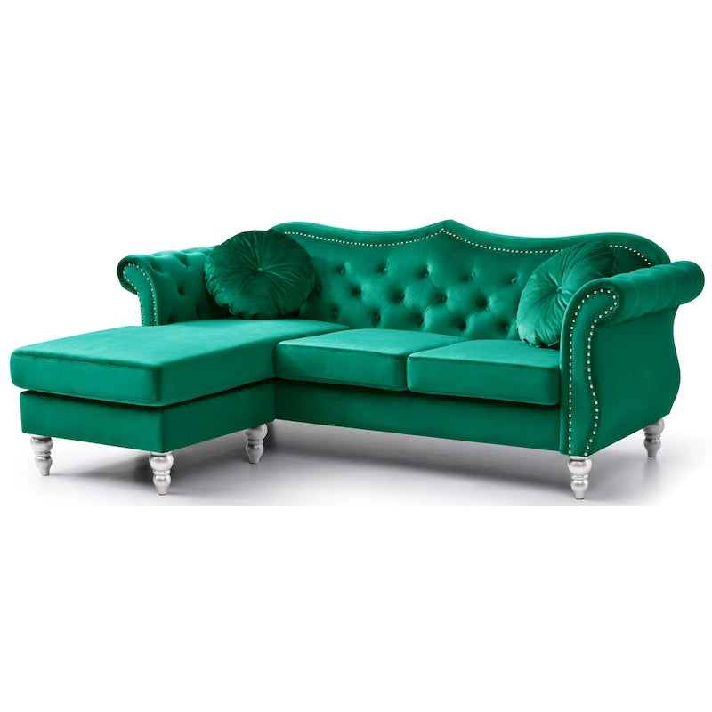 Hollywood-Samtsofa mit beidseitig montierbarer Chaiselongue