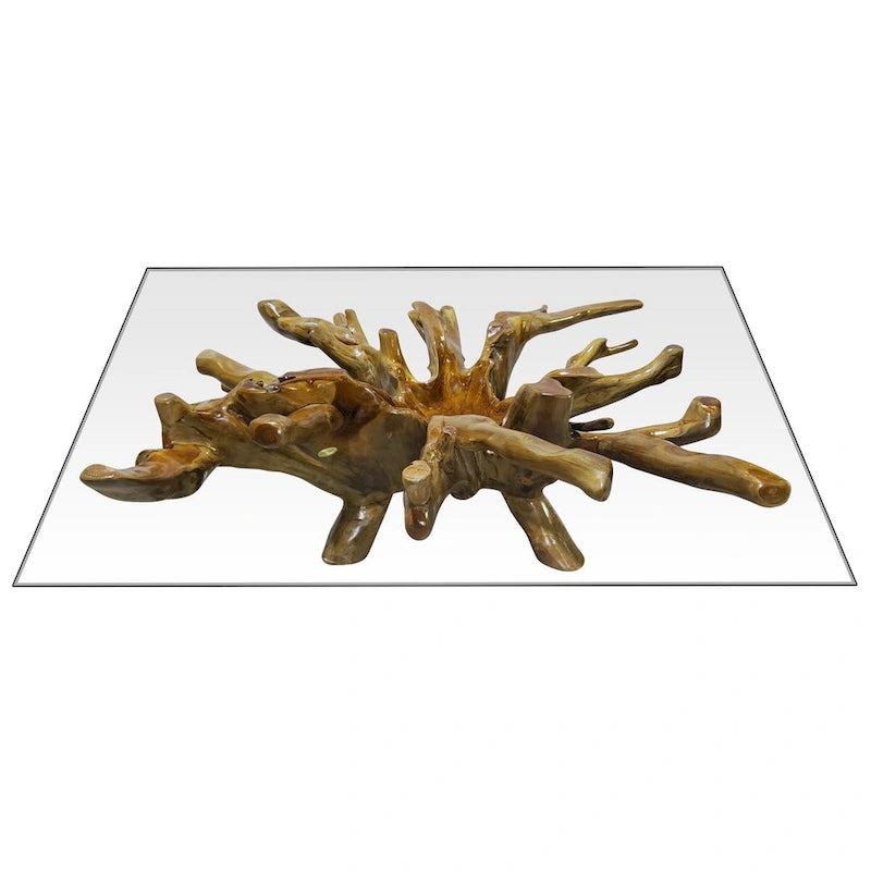 Couchtisch aus Teak-Wurzelholz, inklusive 55-Zoll-Quadrat-Glasplatte