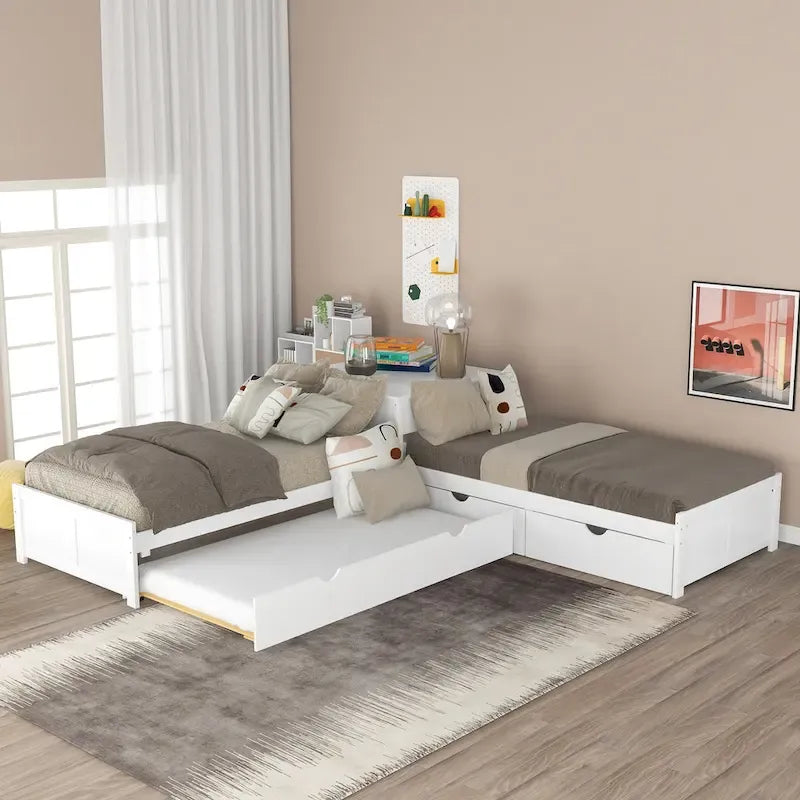 Weißes modernes L-förmiges Plattformbett in Einzelbettgröße mit Ausziehbett und Schubladen fürs Schlafzimmer