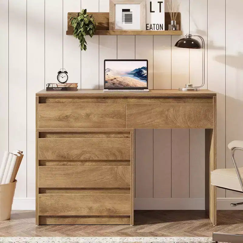 Lantine Computertisch mit 5 Schubladen, Holz-Cheftisch mit Aktenschrank und Druckerablage für Homeoffice und kleine Räume