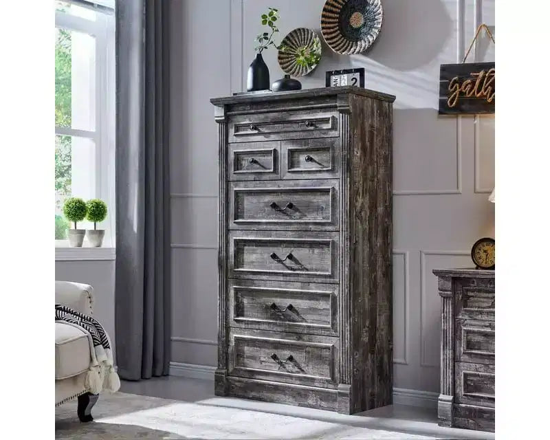 Mastgoal 57 Bauernhaus-Kommode mit 7 Schubladen, rustikaler Holzschrank mit römischer Säule für das Schlafzimmer