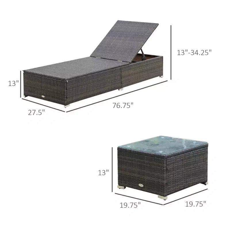 Set aus 2 Sonnenliegen mit 5-fach verstellbarer Rückenlehne, Outdoor-Couchtisch, wasserabweisenden Polstern und PE-Rattan-Geflecht für den Poolbereich