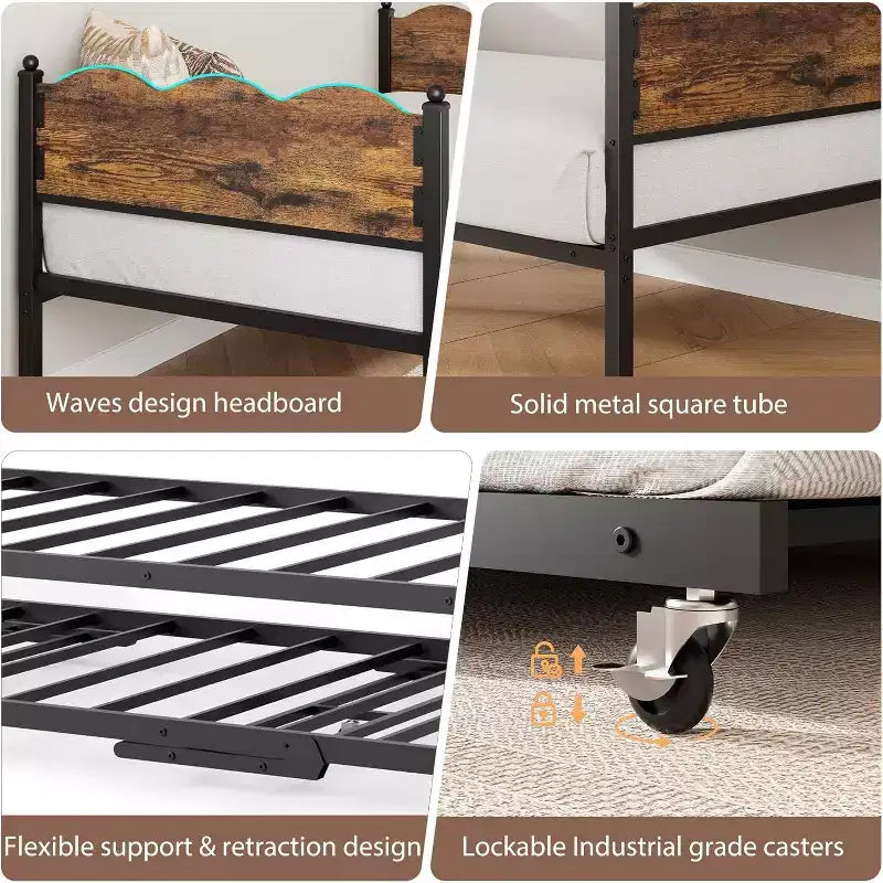 Tagesbett in Twin-Größe mit Ausziehbett, Metallrahmen mit Kopfteil in Holzoptik, feststellbare Rollen, platzsparendes Schlafsofa, kein Lattenrost erforderlich