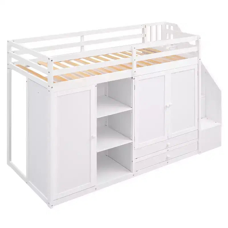 93,3 Funktionales Hochbett mit Kleiderschränken, Regalen, Schubladen und Stauraumleiter