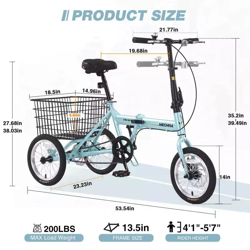 NAYSAYE Faltbares 3-Rad-Tretfahrrad für Erwachsene mit Korb, klappbarem Stahlrahmen und großer Tragkraft, Hellblau, 53,54*23,23*39,49