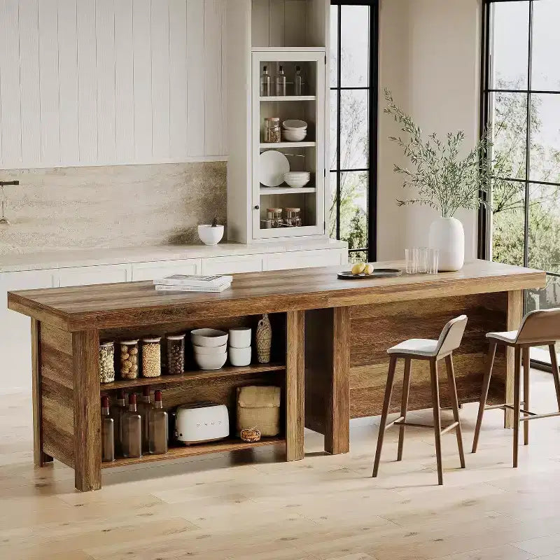 Lantine 55 Zoll Kücheninsel mit Stauraum, 3-stöckiger stationärer Küchentisch aus Holz, moderner Bartisch mit Ablagefach für die Küche, rustikales Braun