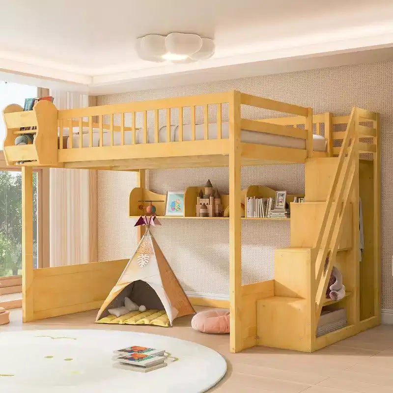 Queen-Hochbettgestell mit Treppe, Kleiderschrank & Regalen - MDF, 650 lb