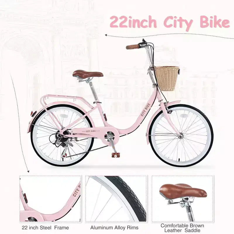 Okak 22-Zoll-Cruiser-Fahrräder mit Frontkorb, Mädchenfahrrad mit Stahlrahmen, V-Bremse und Komfortsattel, Fahrrad für Mädchen und Frauen