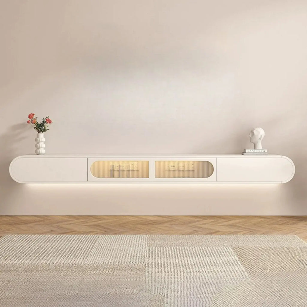 Weißes hängendes TV-Board aus Holz mit Stauraum für das Wohnzimmer