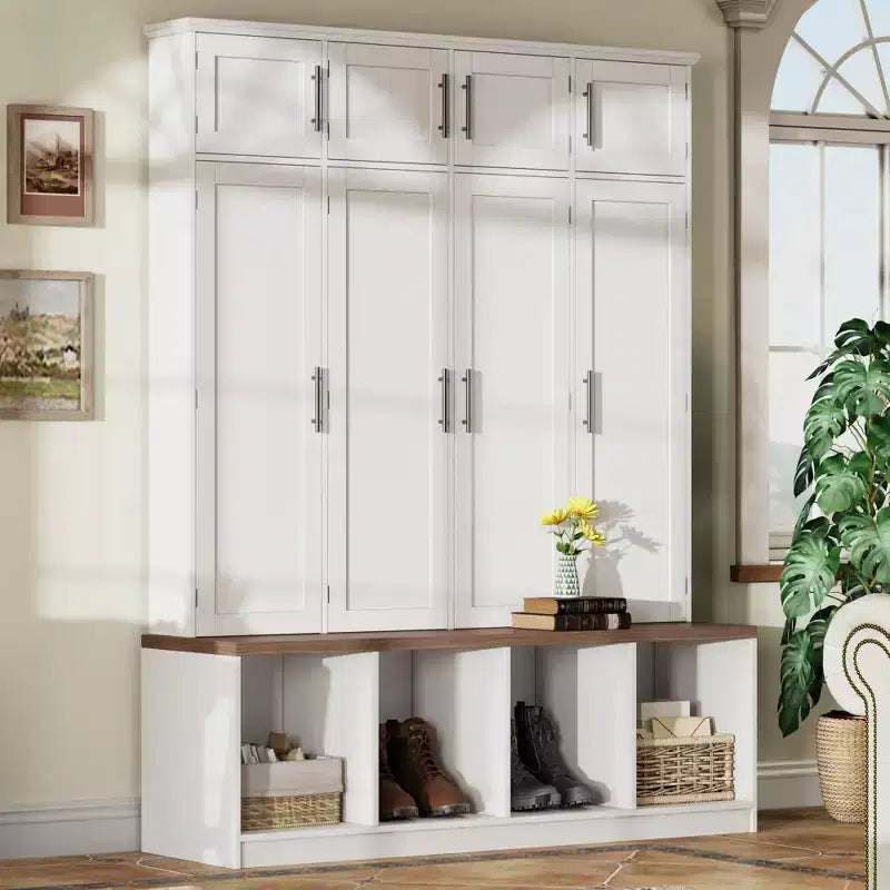 GDFStudio Jessica Farmhouse 4-in-1-Garderobe mit versteckten Haken und Sitzbank mit Stauraum