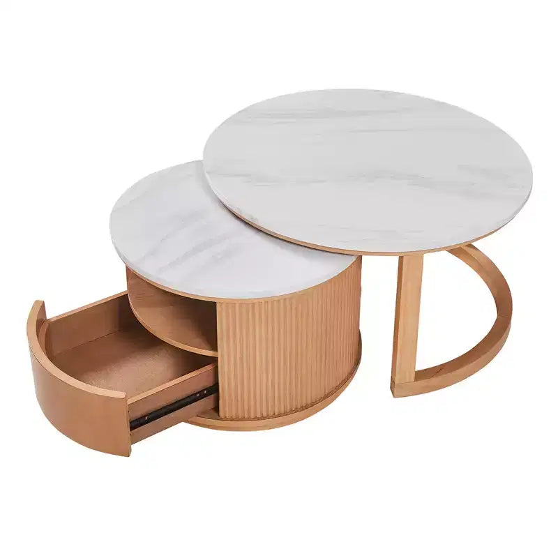 Moderner Couchtisch in Nesting-Bauweise mit Schublade, runder Wohnzimmertisch mit Stauraum
