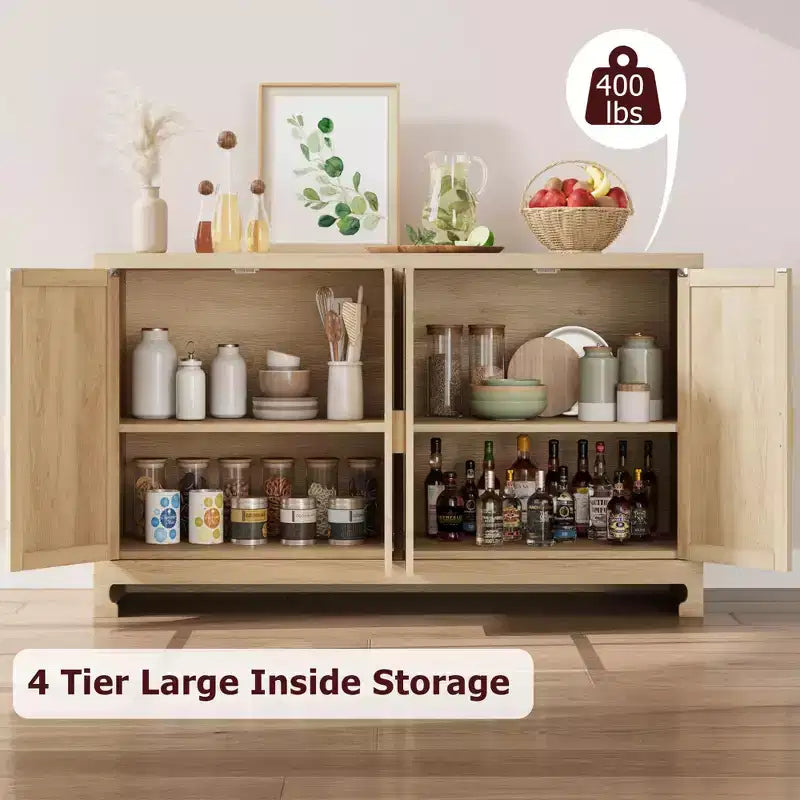 4-türiger Aufbewahrungsschrank aus Geflecht, Buffet-Sideboard mit Ablage, Kaffeebar-Konsole für Küche, Ess- & Wohnzimmer, 36H