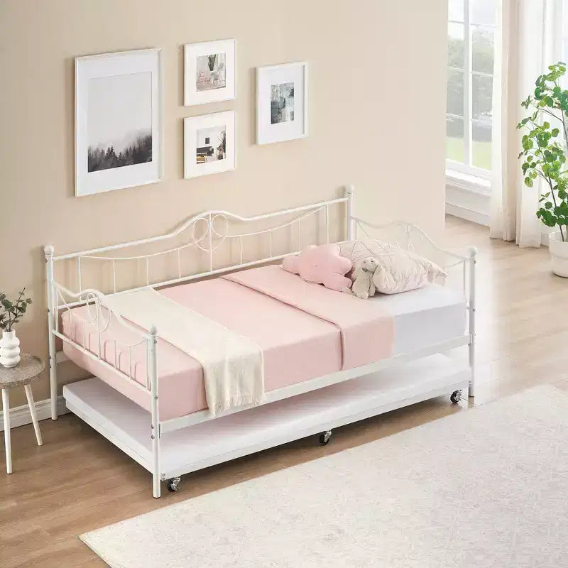 Tagesbett mit Ausziehbett, Metall-Tagesbett mit Gästebett, Tagesbett mit Ausziehbarem Bettrahmen, Sofa mit Stahl-Lattenrost für Kinder, Jugendliche und Erwachsene