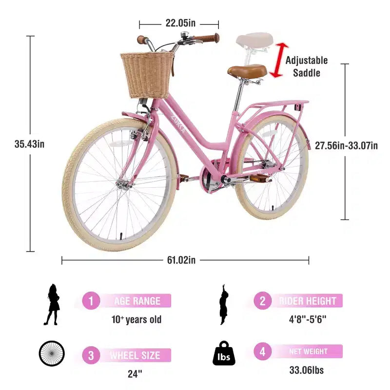 NAYSAYE 24 Zoll Mädchen-Cruiser-Fahrrad, Speed-Hybrid-Citybike für Jugendliche von 7-10+ Jahren mit Weidenkorb & Gepäckträger, Kinderfahrrad