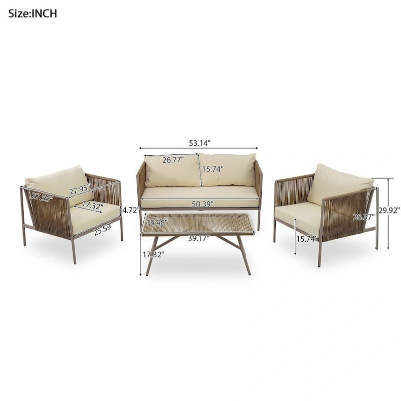 4-teilige Outdoor-Lounge-Garnitur aus Seil für 4 Personen mit Auflagen und Glastisch