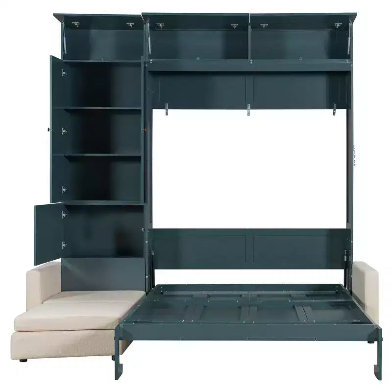 Schrankbett in Queen-Size mit Sofa und Schrank, hölzernes Queen-Size-Schrankbett als Wandbett mit Regalen, klappbares Wand-Schrankbett für Gästezimmer und Büro
