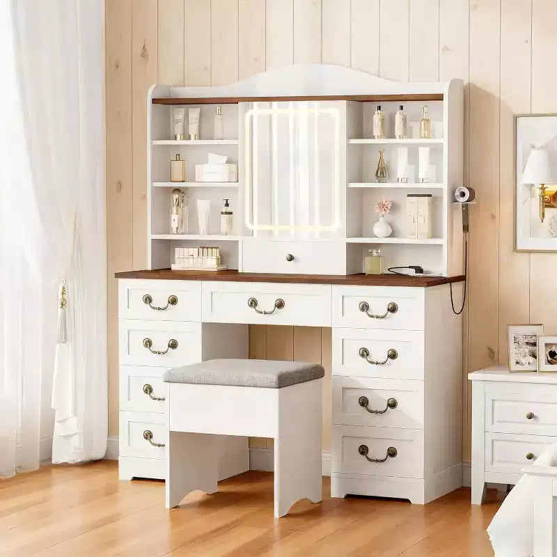 Schminktisch mit 10 Schubladen und Spiegel, Walnussholz-Optik mit 10 Ablagen und Hocker, fürs Schlafzimmer, einfache Montage