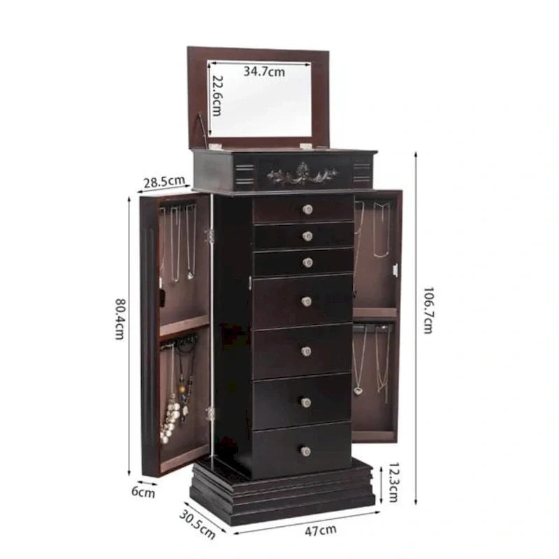 Stilvoller Schmuckschrank mit Spiegel und Kettenhaken - 18,5 x 12 x 42