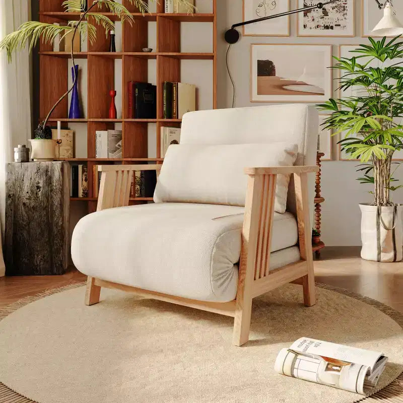 ATJafurn umwandelbarer Akzent-Armlehnstuhl aus Stoff mit Polsterung, Futon-Sessel, Schlafsofa mit Massivholzrahmen für Schlaf- und Wohnzimmer, Beige