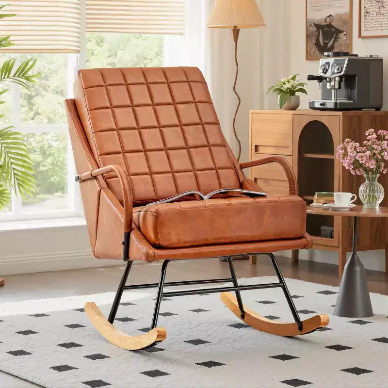 VECELO Polster-Schaukelstuhl aus Kunstleder/Teddy-Stoff, moderner Lounge-Schaukelsessel mit verstellbarer Rückenlehne, gepolsterter Sitzfläche und sicherem Gestell aus Massivholz, Weiß/Braun