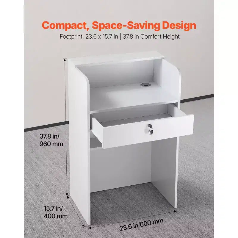 VEVOR Empfangstheke, 60 cm rechteckiger Empfangstresen, moderner Büro-Empfangstisch mit Schublade, kleiner minimalistischer Verkaufstresen, Weiß