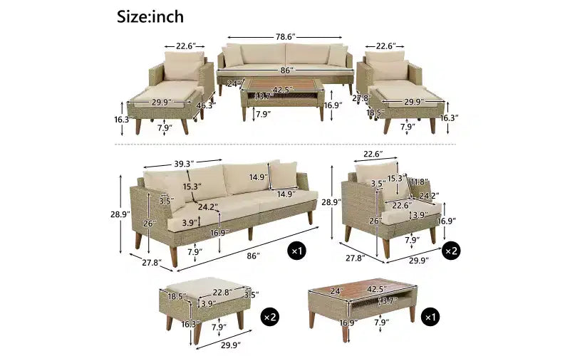Whisen 6-teiliges Allwetter-PE-Geflecht-Sofaset, Outdoor-Rattan-Sofa mit Doppelkissen