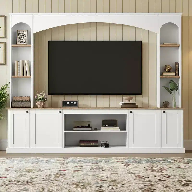 Whisen 91 Medienkonsole, gewölbte Entertainment-Center-Wandkombination im Landhausstil mit Bücherregal, Holzmaserung, für Fernseher bis zu 70 Zoll