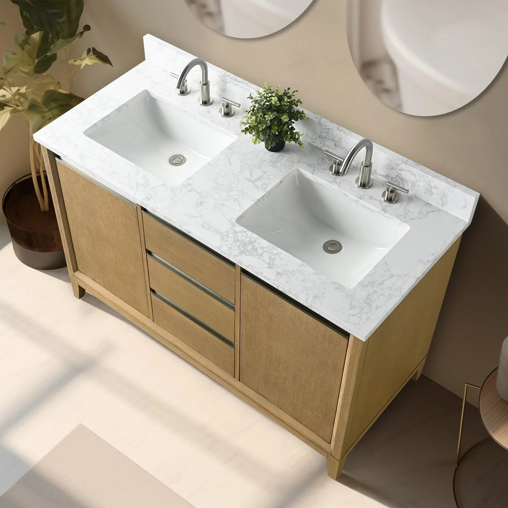 Vanity Art Badezimmerschrank mit Keramikwaschbecken und Platte aus technischem Marmor