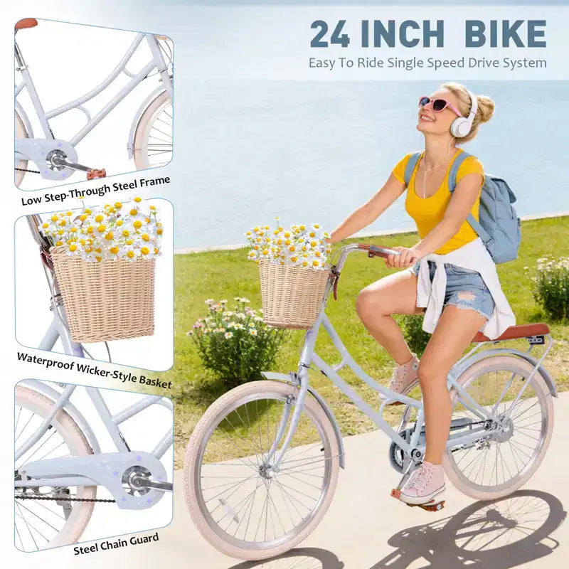 NAYSAYE Damen-Strandcruiser mit Frontkorb und robustem Rahmen für komfortables Pendeln in der Stadt und draußen, Blau, 63,98*24,53*38,82