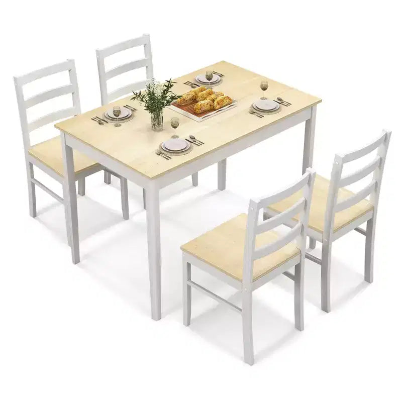 Costway 5-teiliges Esszimmer-Set Massivholz Küchenmöbel mit rechteckigem Tisch & 4 Stühlen Natur/Kaffee/Grau