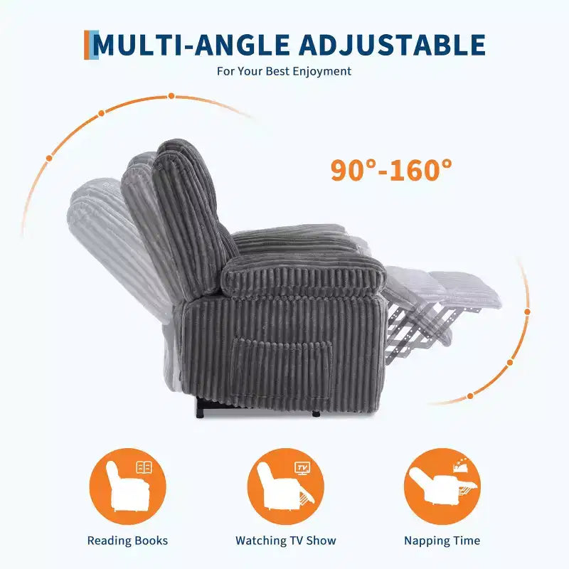 Kordsessel, manueller Relaxsessel mit Hebel, gepolsterte Armlehnen, dicke Polsterung, Seitentasche, Wohnzimmer, Schlafzimmer, Heimkino, Dunkelgrau