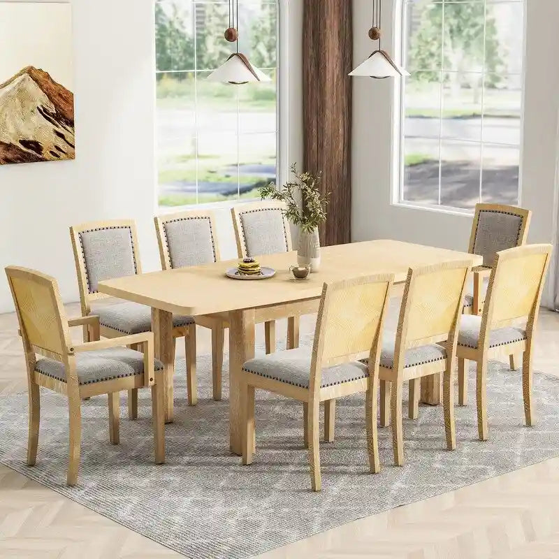 9-teiliges ausziehbares Esszimmer-Set mit 24-Zoll-Einlegeplatte, 6 gepolsterten Esszimmerstühlen ohne Armlehnen und 2 gepolsterten Armlehnstühlen