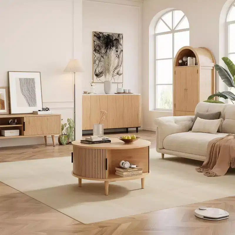 NAYSAYE runder Couchtisch mit Stauraum, 31,5 Zoll geriffelter Mittel-Couchtisch fürs Wohnzimmer, moderner runder Beistelltisch aus Walnussholz für kleine Räume