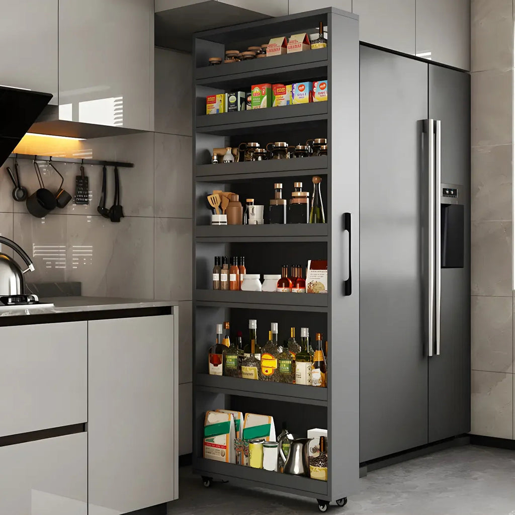 Modernes Holz-Buffet mit offenen Regalen und Rollen