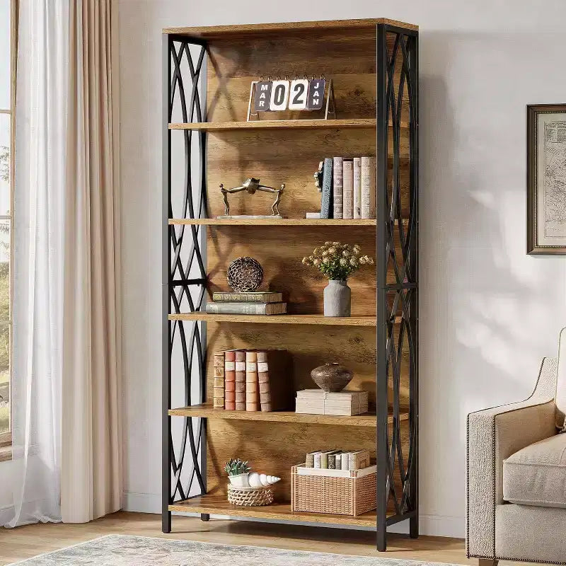 Lantine 70,87 Industrie-Bücherregal, 6-stufiges Regal mit geometrischem Metallrahmen & offenen Ablageflächen für Homeoffice, Wohnzimmer, Braun