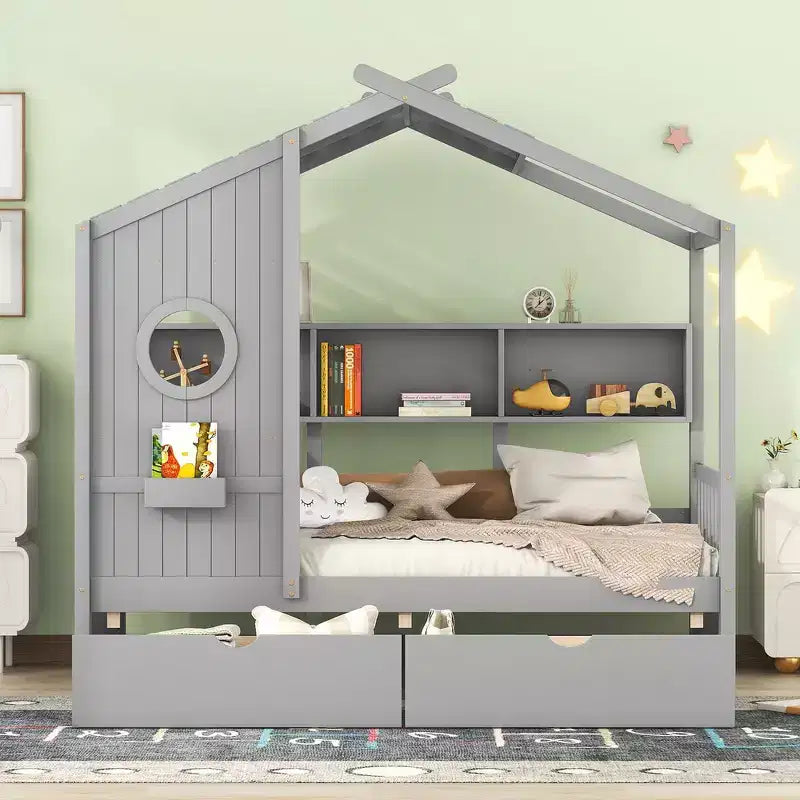Whisen Hausbett für Kinder in Einzelbettgröße, Spielhausbett mit 2 Schubladen und Ablagefach