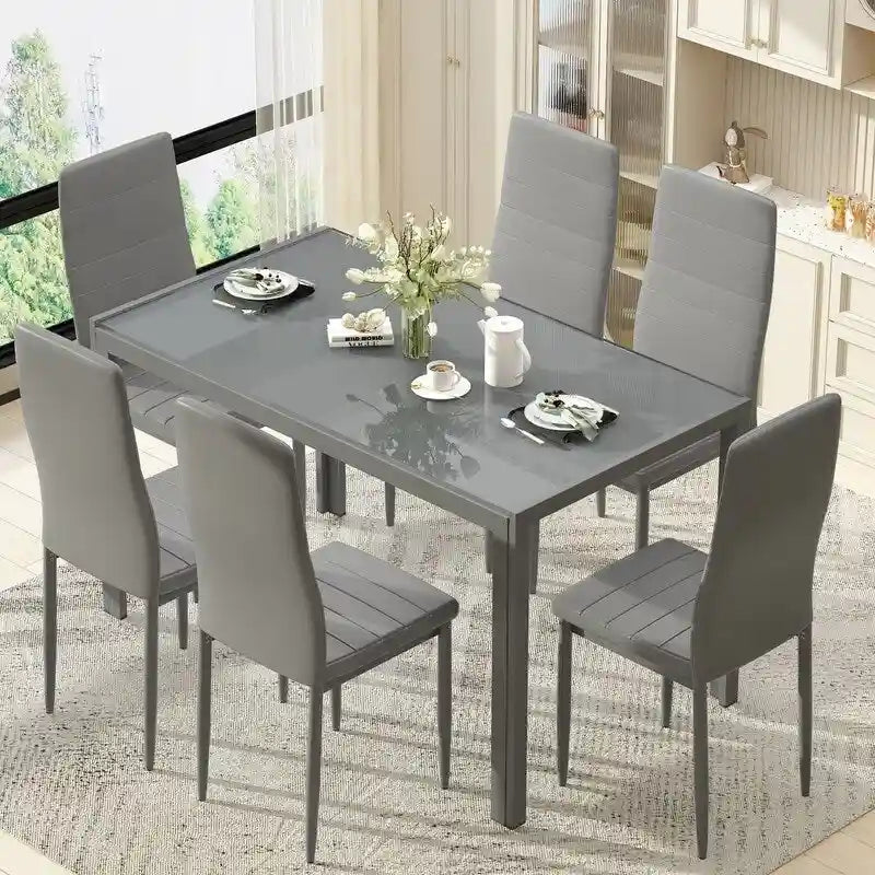 Grondin 7-teiliges Esszimmer-Set im modernen Stil mit Tischplatte aus gehärtetem Glas und 6 Stühlen mit PU-Lederpolsterung
