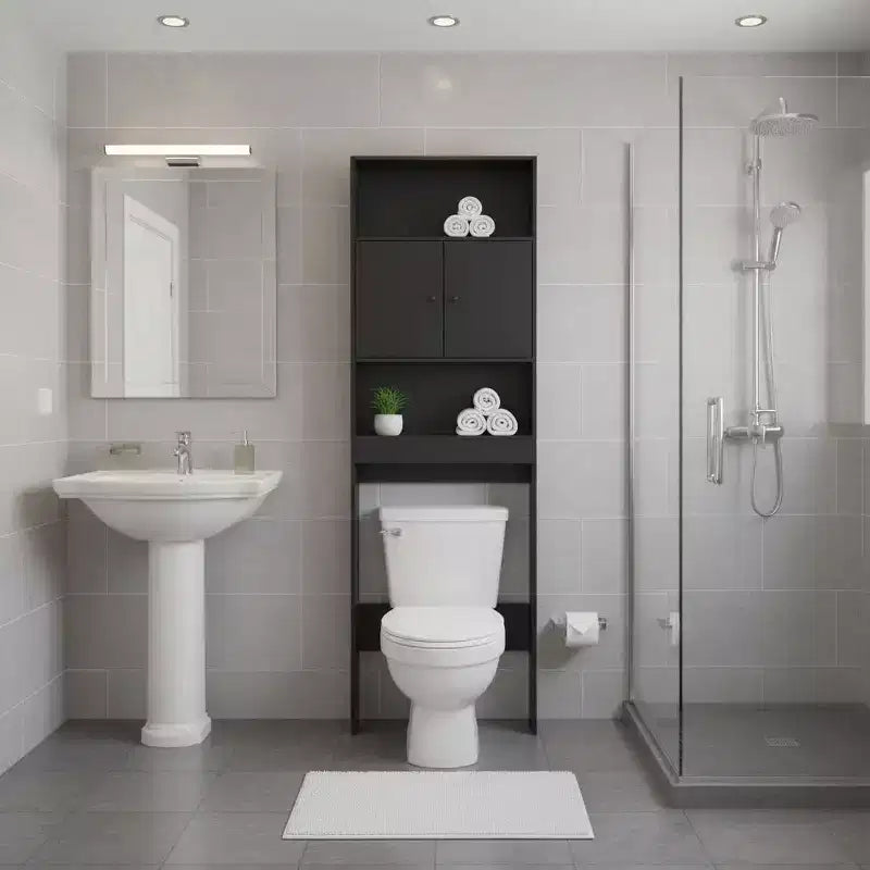 FurnitureR Toilettenregal mit Schrank, 3-stufiges Badregal mit Doppeltüren und offenen Ablageflächen, freistehendes Badezimmerregal, 76,38 Zoll hoch