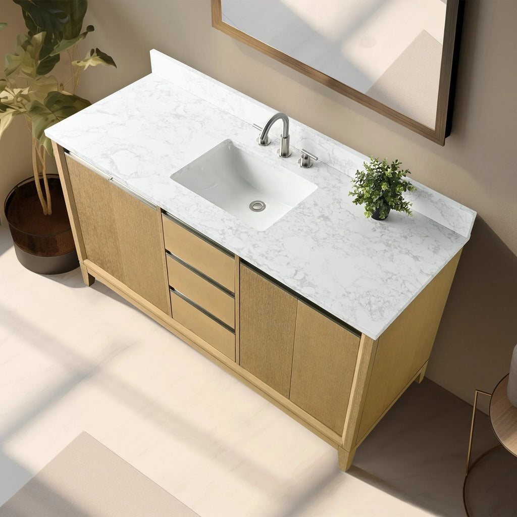 Vanity Art Badezimmerschrank mit Keramikwaschbecken und Platte aus technischem Marmor